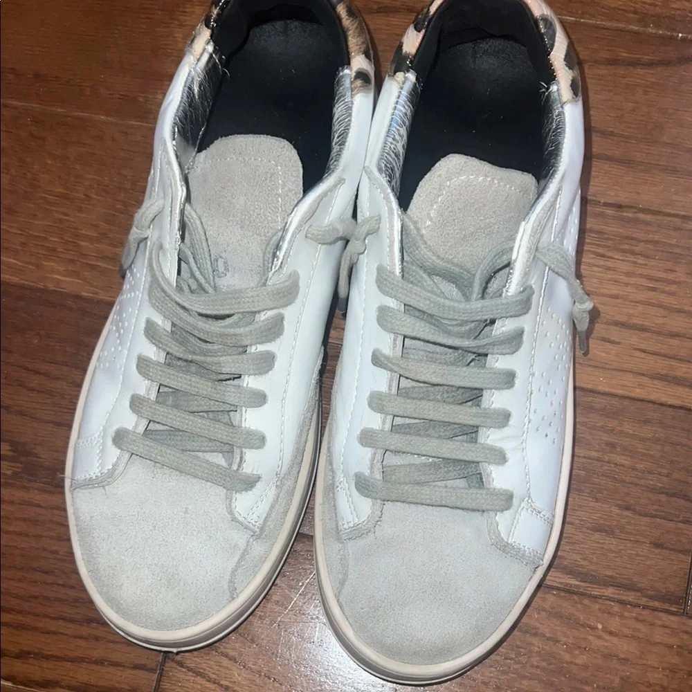 Women’s P448 Leather Luxury Low Top Sneakers with Leopard and Silver Accents - Picture 2 of 9